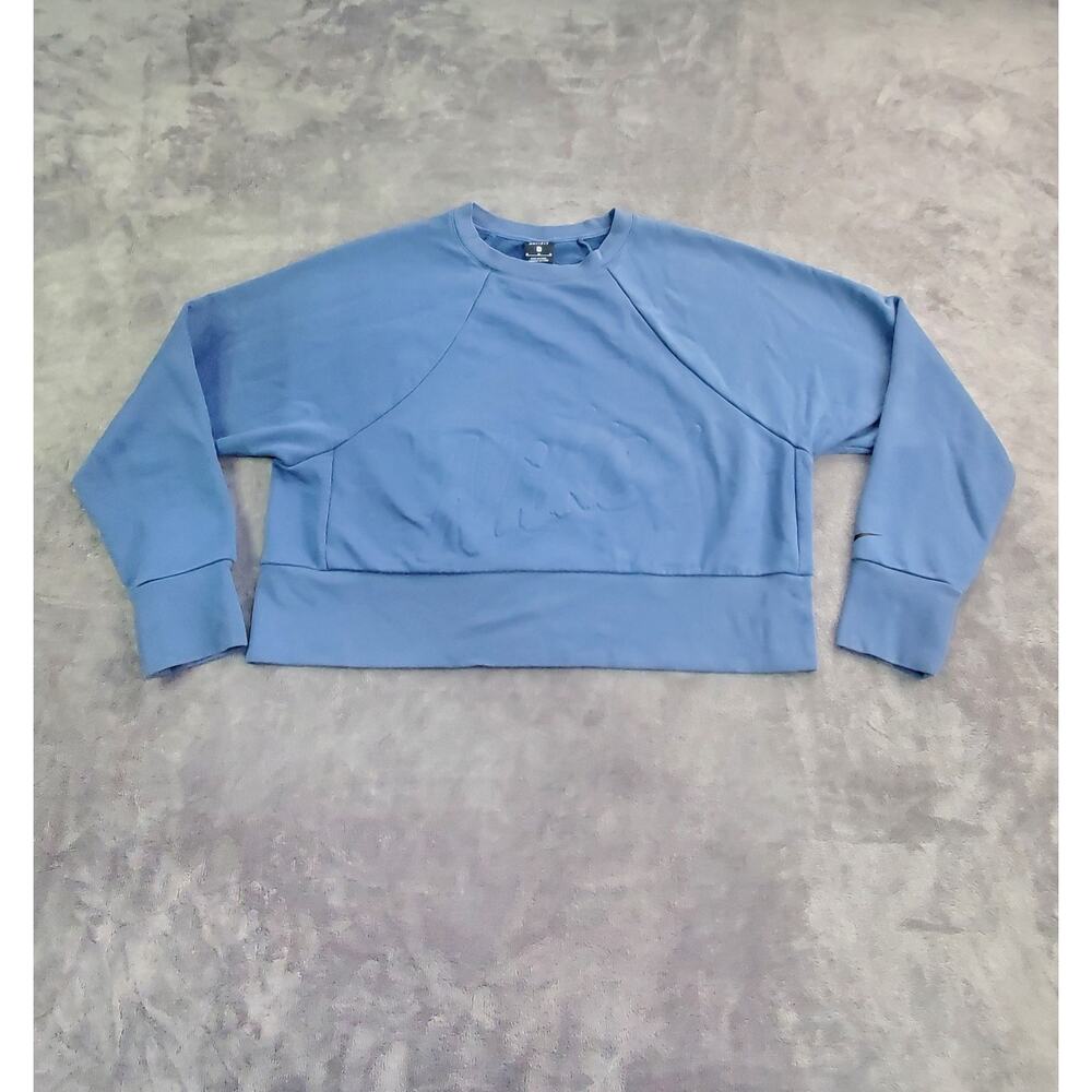 Nike Crop Sweater Sz M Womens Blue Dri-Fit Loose Embossed Spell Out CV7248 C15